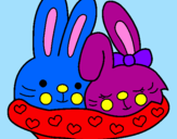 Disegno Conigli innamorati pitturato su fnanà