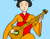 Disegno Geisha che suona il liuto  pitturato su silvia