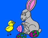 Disegno Pulcino, coniglietto e uova  pitturato su samuele