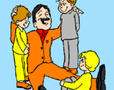 Disegno Papà con i suoi 3 figli  pitturato su giulia