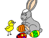 Disegno Pulcino, coniglietto e uova  pitturato su gigi