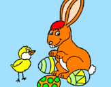Disegno Pulcino, coniglietto e uova  pitturato su zaccaria