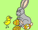 Disegno Pulcino, coniglietto e uova  pitturato su agnese