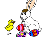 Disegno Pulcino, coniglietto e uova  pitturato su sara