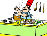Disegno Cuoco in cucina  pitturato su roberta   