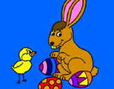 Disegno Pulcino, coniglietto e uova  pitturato su fede