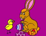Disegno Pulcino, coniglietto e uova  pitturato su camilla
