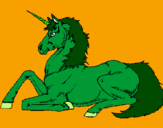 Disegno Unicorno seduto  pitturato su brillantina