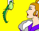 Disegno Donna con un uccello  pitturato su anto e ginni