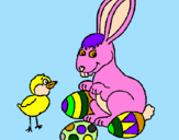 Disegno Pulcino, coniglietto e uova  pitturato su kitty