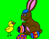 Disegno Pulcino, coniglietto e uova  pitturato su flavio