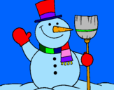 Disegno pupazzo di neve con scopa pitturato su aurora