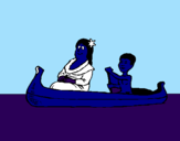 Disegno Madre e figlio in canoa  pitturato su davide