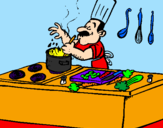 Disegno Cuoco in cucina  pitturato su denis