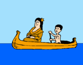 Disegno Madre e figlio in canoa  pitturato su andrea