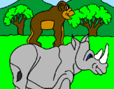 Disegno Rinoceronte e scimmietta  pitturato su matty