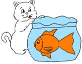 Disegno Gatto e pesce  pitturato su chiara