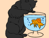 Disegno Gatto che osserva il pesciolino  pitturato su alessina la malti