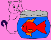 Disegno Gatto e pesce  pitturato su NOEMI