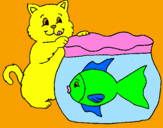 Disegno Gatto e pesce  pitturato su matilde