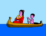 Disegno Madre e figlio in canoa  pitturato su Emma