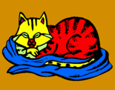 Disegno Gatto nel suo lettino  pitturato su lorenzo