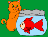 Disegno Gatto e pesce  pitturato su debora