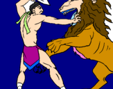 Disegno Gladiatore contro un leone pitturato su maddy