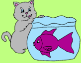 Disegno Gatto e pesce  pitturato su matteos