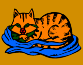 Disegno Gatto nel suo lettino  pitturato su lorenzo