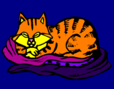 Disegno Gatto nel suo lettino  pitturato su debora