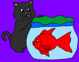 Disegno Gatto e pesce  pitturato su ´´fer