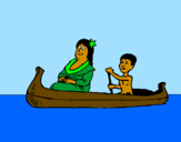 Disegno Madre e figlio in canoa  pitturato su cleo-h2o