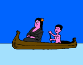Disegno Madre e figlio in canoa  pitturato su lorenzo