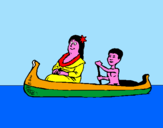 Disegno Madre e figlio in canoa  pitturato su CHECCO