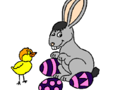 Disegno Pulcino, coniglietto e uova  pitturato su wiki gibby