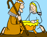 Disegno Adorano Gesù Bambino  pitturato su ana