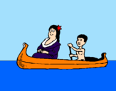 Disegno Madre e figlio in canoa  pitturato su manu