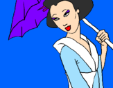Disegno Geisha con parasole pitturato su Aurora 11