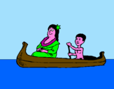 Disegno Madre e figlio in canoa  pitturato su miki