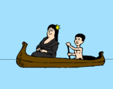 Disegno Madre e figlio in canoa  pitturato su salvo