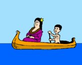 Disegno Madre e figlio in canoa  pitturato su martina