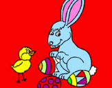 Disegno Pulcino, coniglietto e uova  pitturato su irene