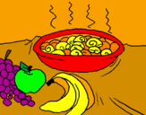 Disegno Frutta e chiocciole in casseruola pitturato su anna