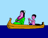 Disegno Madre e figlio in canoa  pitturato su LORENZO