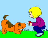Disegno Bambina che gioca con il cagnolino  pitturato su leonella