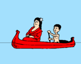 Disegno Madre e figlio in canoa  pitturato su oleg