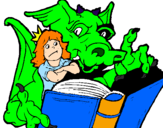 Disegno Drago, ragazza e libro pitturato su dis. da colorare