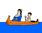 Disegno Madre e figlio in canoa  pitturato su vinceno