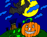 Disegno Halloween paesaggio pitturato su zucca